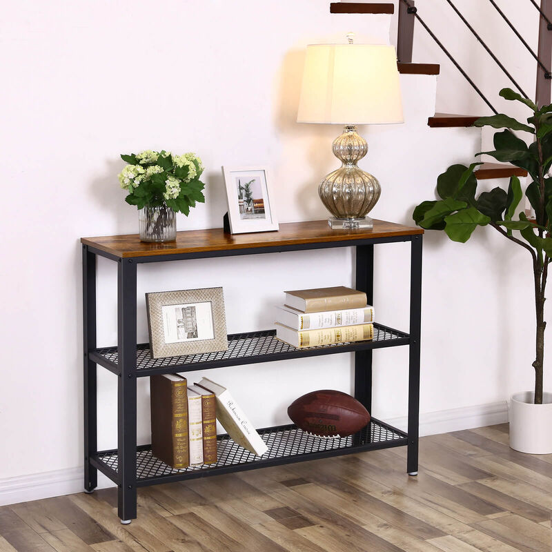 BreeBe Industrial Rustic Brown Console Table with 2 Shelves