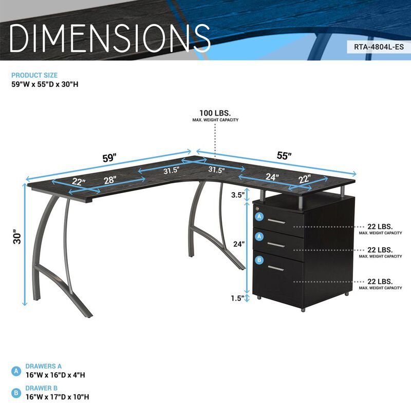 Modern L- Shaped Computer Desk with File Cabinet and Storage. Color: Espresso