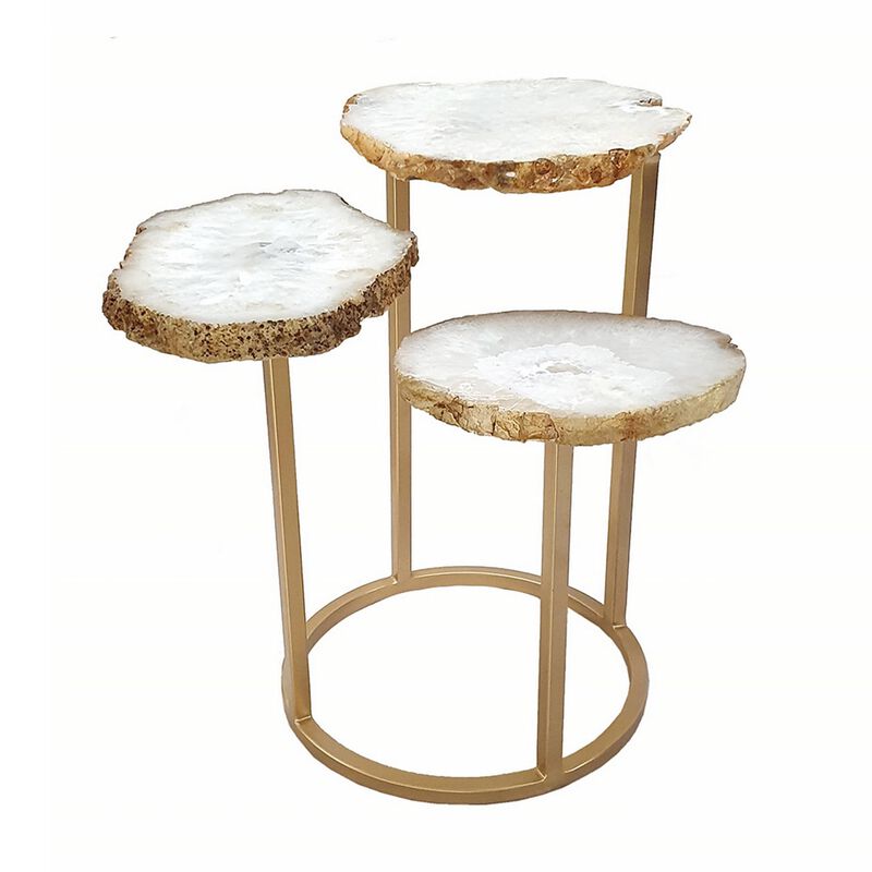Benjara 18 Inch Accent Side Table, 3 Tier Design, Agate Top, Iron Base, White and Gold