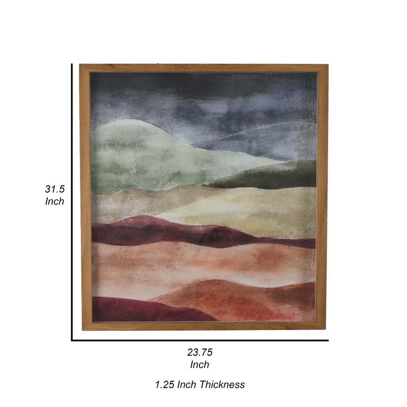 24 x 32 Framed Wall Art Painting, Abstract Dune Waves, Burgundy, Green - Benzara