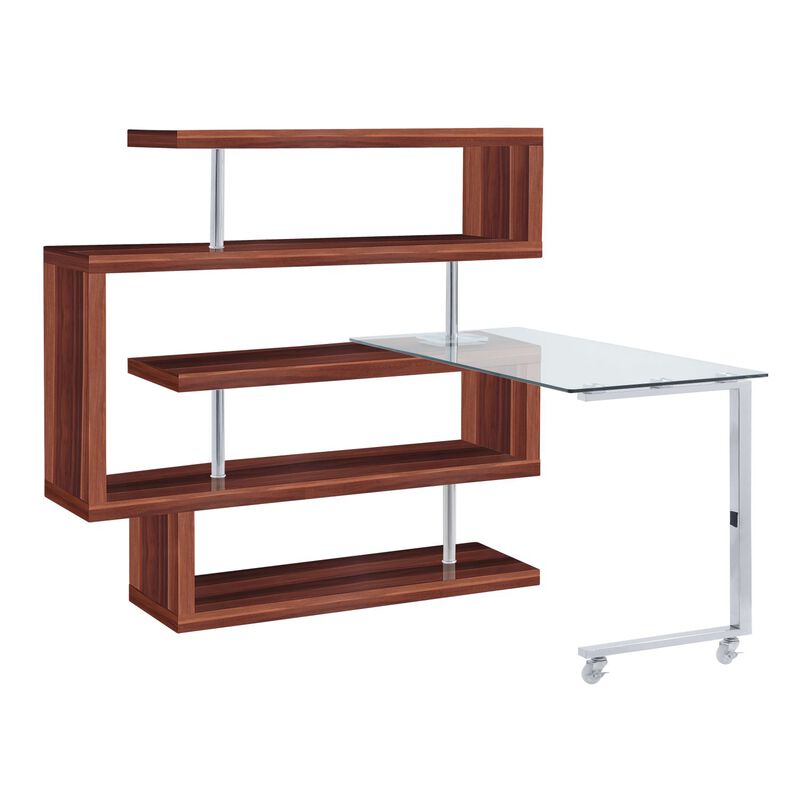 Raceloma Writing Desk w/Shelf, Clear Glass, Walnut & Chrome Finish 93183