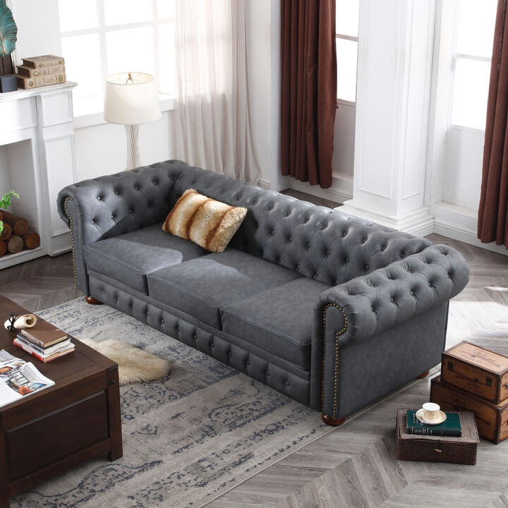 Classic Chesterfield Sofa Dark Grey Faux Leather