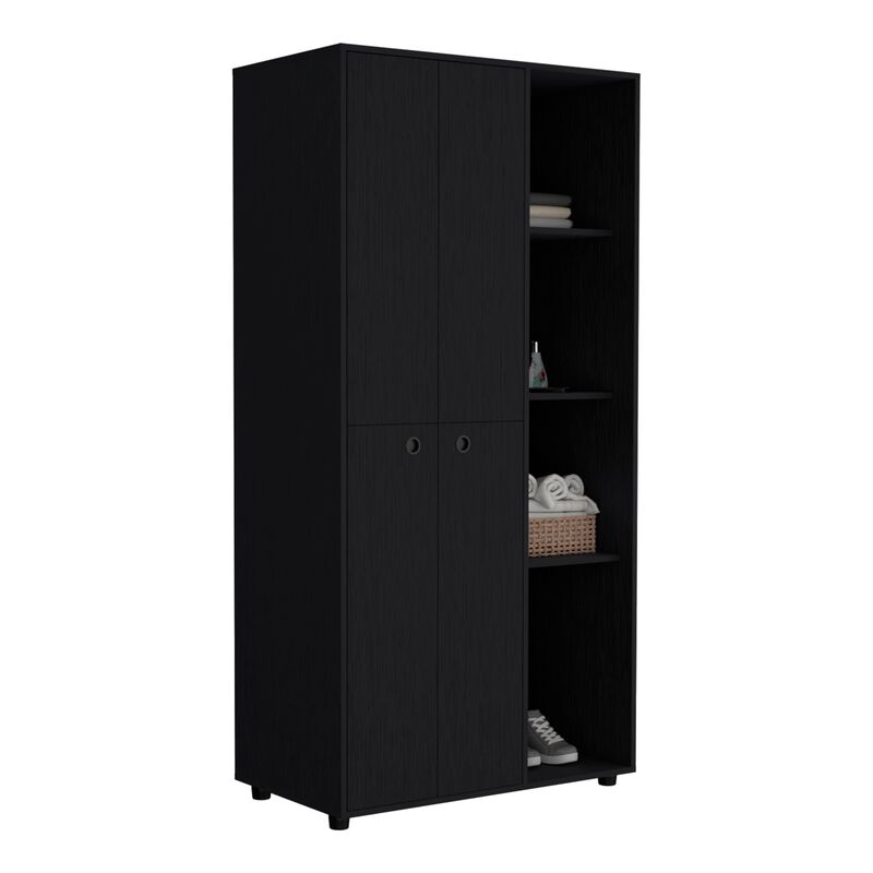 DEPOT E-SHOP Minto Armoire with 2-door Storage with Metal Rods, Drawer, 3 Open Shelves, Black