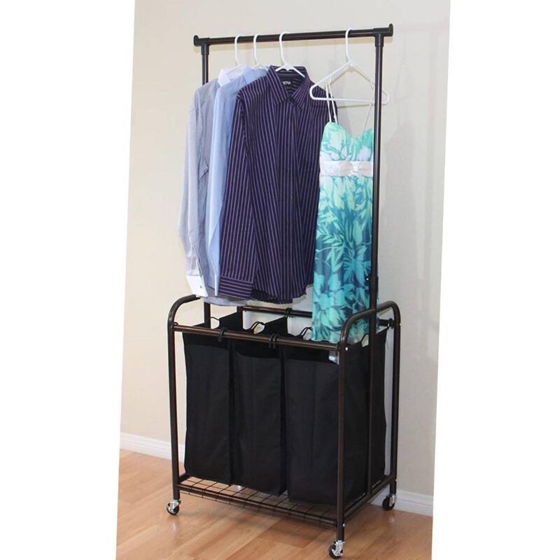 Bronze Black 3-Bag Laundry Sorter Hamper with Adjustable Clothes Hanging Bar