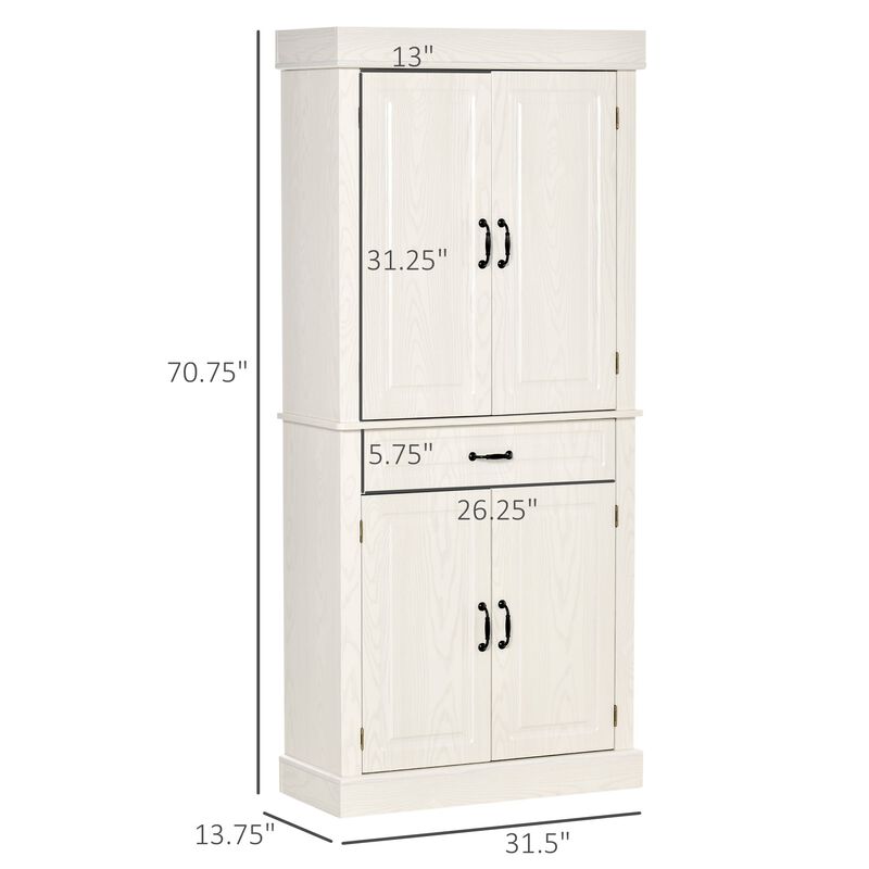 71" Freestanding Kitchen Pantry with 4 Doors, and 2 Large Cabinets, Tall Storage Cabinet with Wide Drawer for Kitchen Dining Room, White