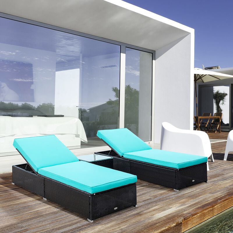 Turquoise Poolside Duo: 2PC Rattan Lounge Chair Set with Table