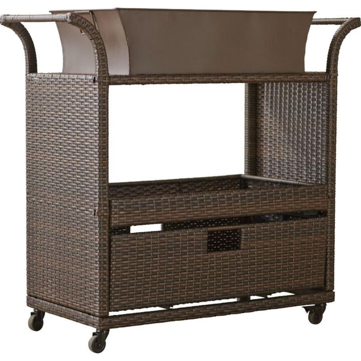 Hivvago Outdoor Sturdy Resin Wicker Serving Bar Cart with Tray Brown Rattan