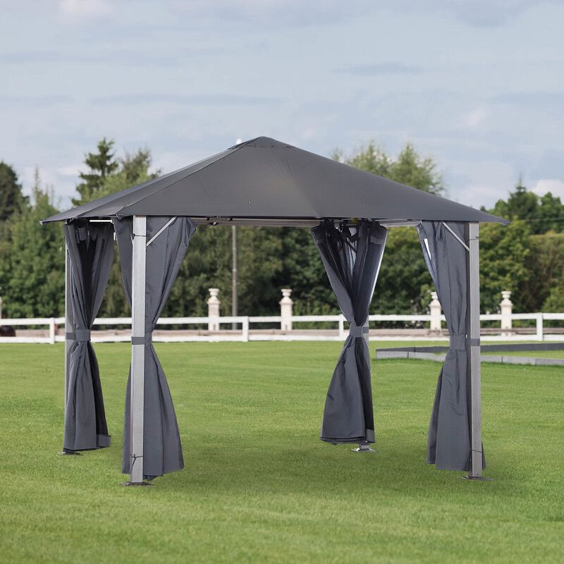 Patio Gazebo 10' x 10' Outdoor Soft Top Canopy Tent with Zippered Mesh Sidewalls, Privacy Curtains, Netting, Dark Grey