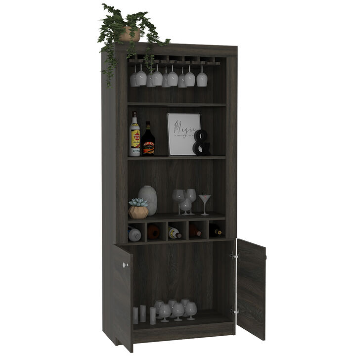 DEPOT E-SHOP Dakota Bar Double Door Cabinet, Five Built-in Wine Rack, Three Shelves, Carbon Espresso