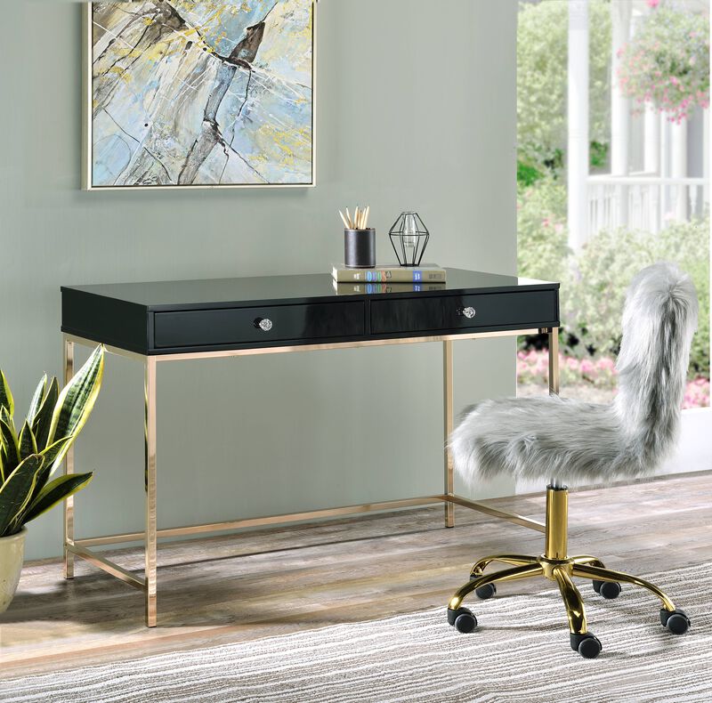 ACME Ottey Writing Desk, Black High Gloss & Gold Finish