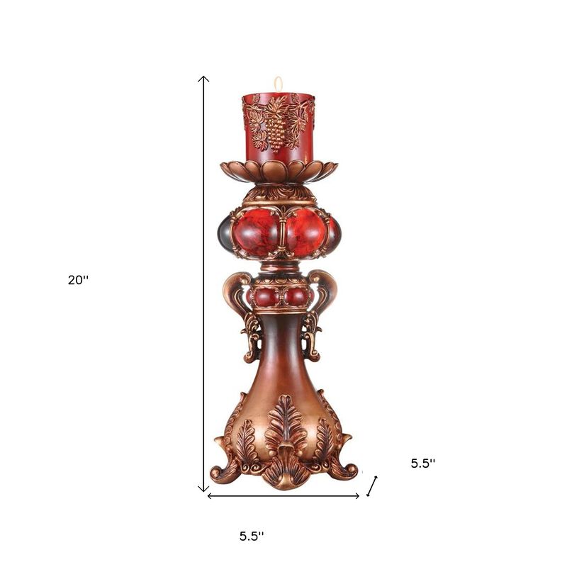 Homezia 20" Brown and Red Faux Marble Tabletop Candle Holder and Candle