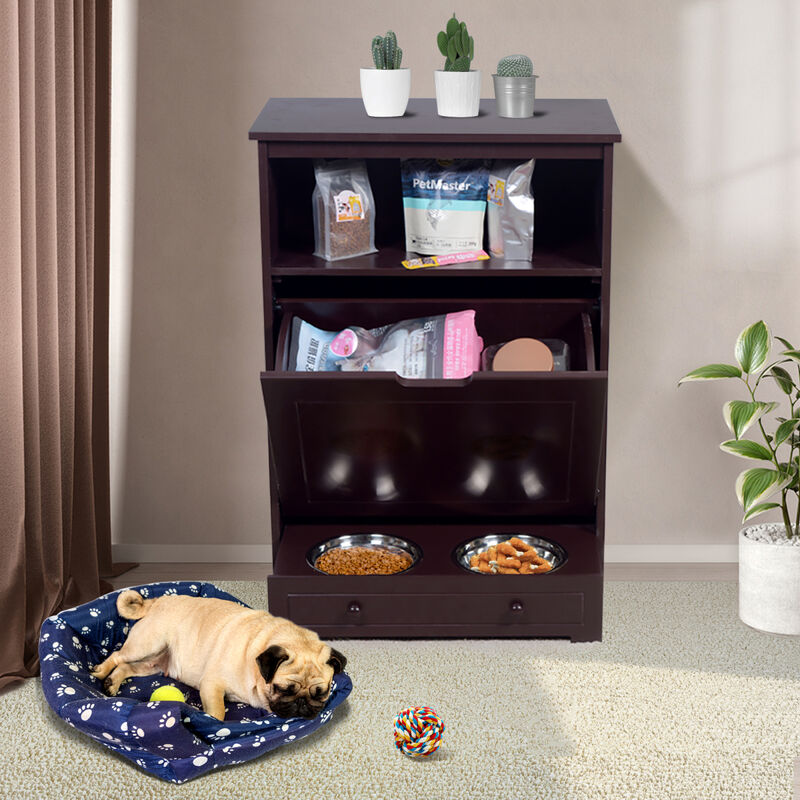 Pet Feeder Station with Storage, Made of MDF and Waterproof Painted, Dog and Cat Feeder Cabinet with Stainless Bowl