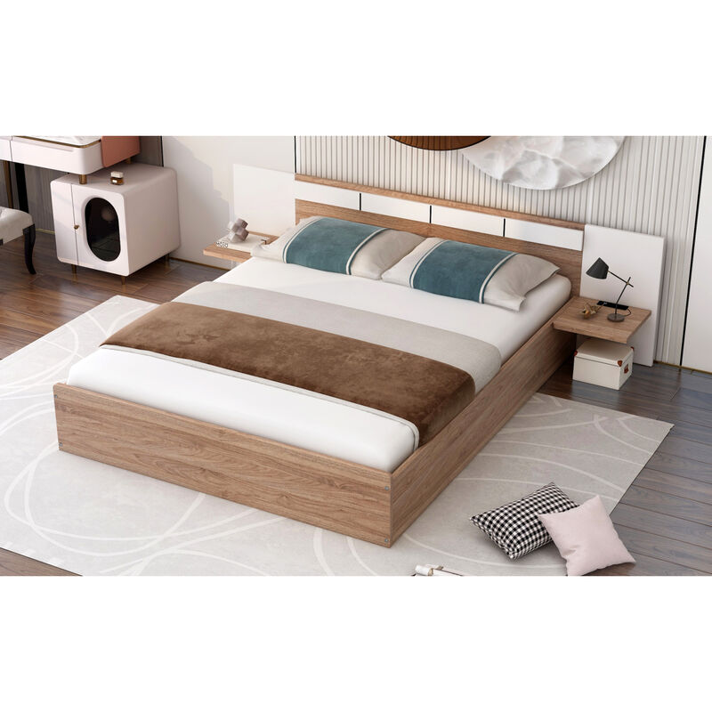 Queen Size Platform Bed with Headboard, Shelves, USB Ports and Sockets, Natural