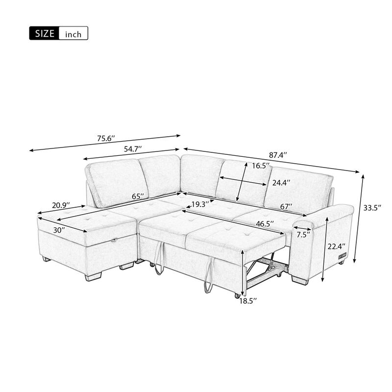 Sleeper Sectional Sofa, L-Shaped Corner Couch Sofa-Bed with Storage Ottoman & Hidden Arm Storage & USB Charge for Living Room Apartment, Gray