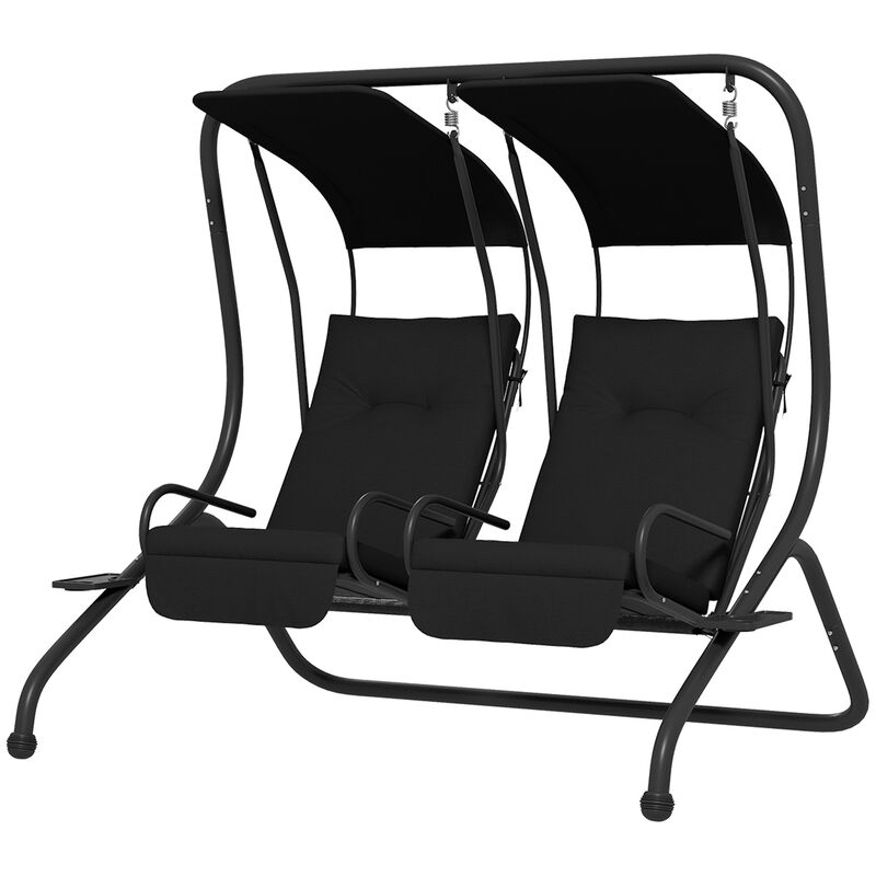 2-Seater Outdoor Patio Swing Chair w/ Removable Canopy & Cup Holder, Black