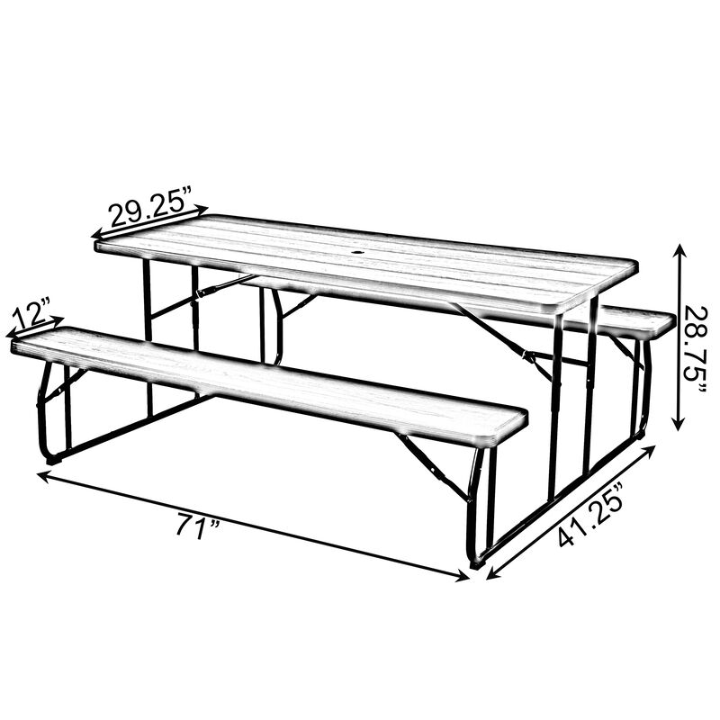 Outdoor Foldable Woodgrain Picnic Table Set with Metal Frame 6 Ft. Black