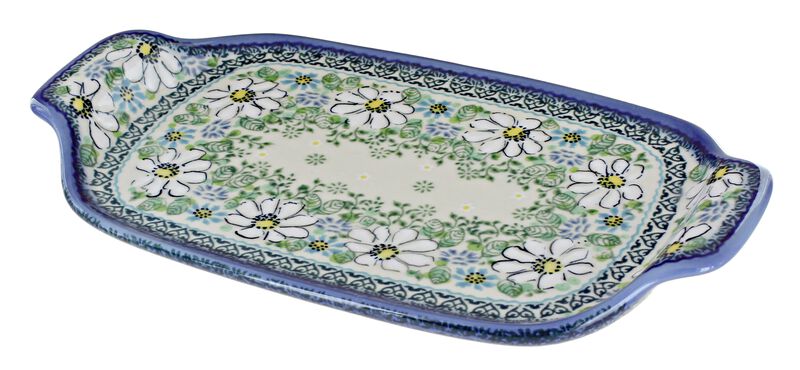 Blue Rose Polish Pottery Cherished Blooms Rectangular Tray with Handles