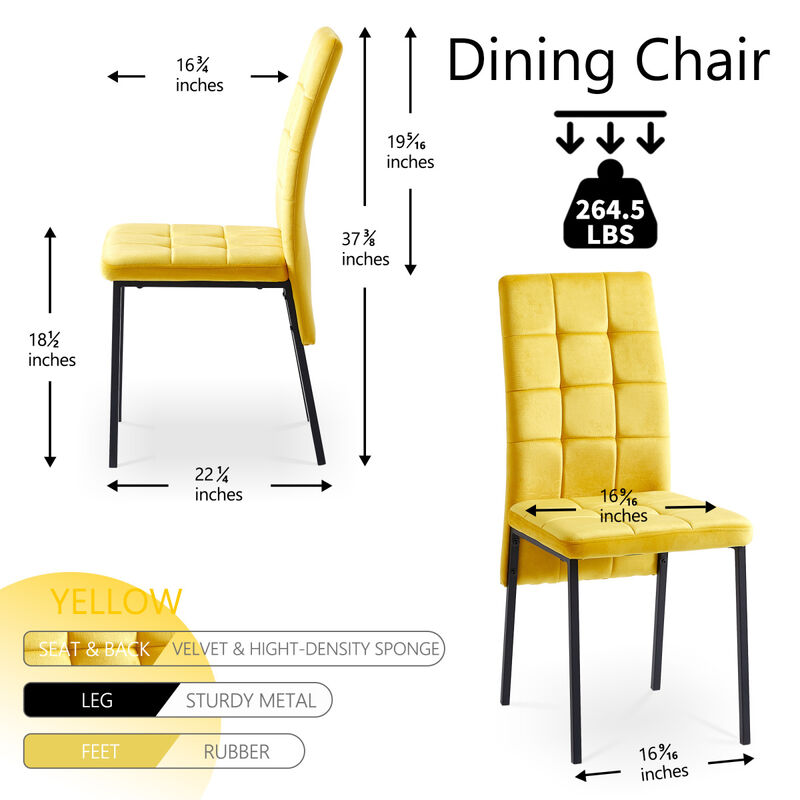 Yellow Velvet High Back Nordic Dining Chair Modern Fabric Chair with Black Legs, Set Of 2