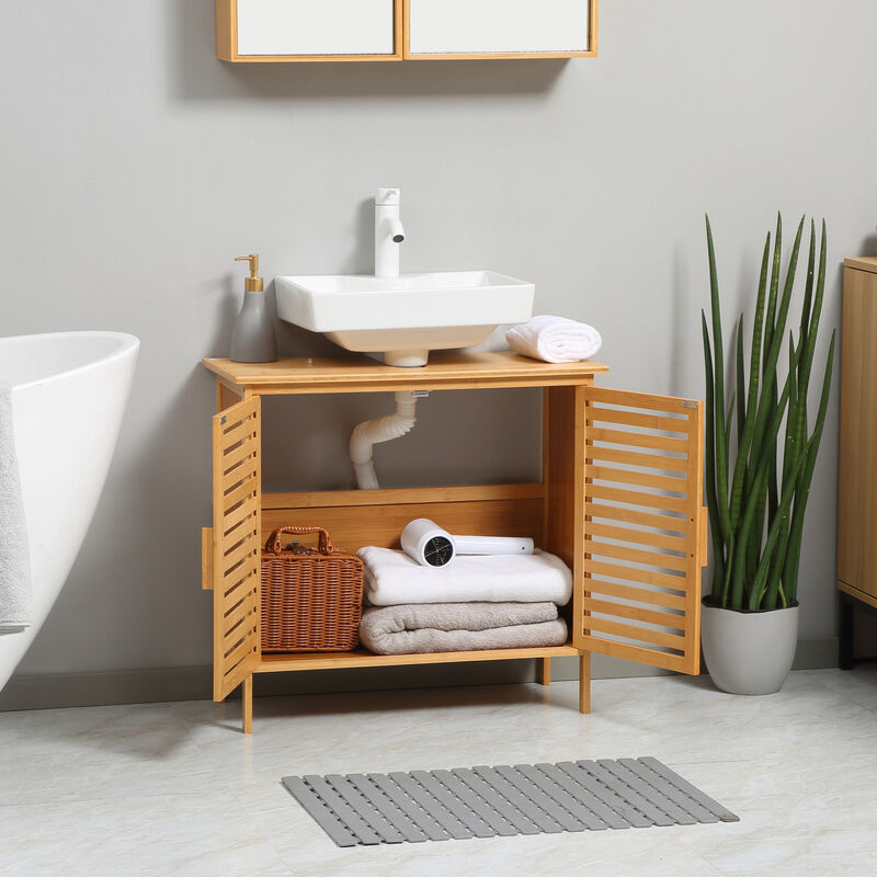 kleankin Freestanding Under Sink Cabinet with 2 Slatted Doors Bamboo Frame