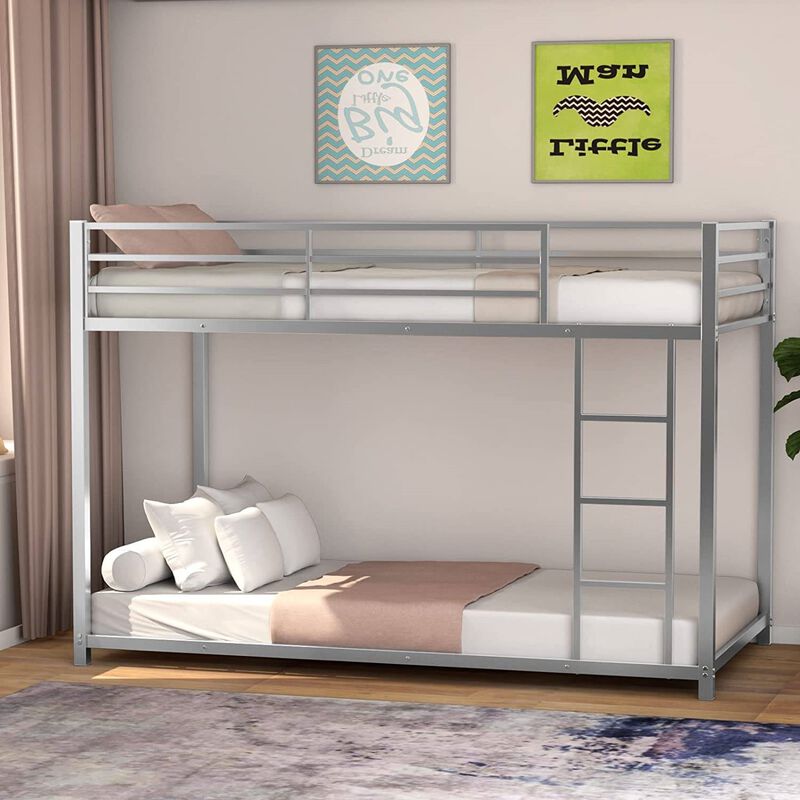 QuikFurn Twin over Twin Low Profile Modern Bunk Bed in Silver Metal Finish