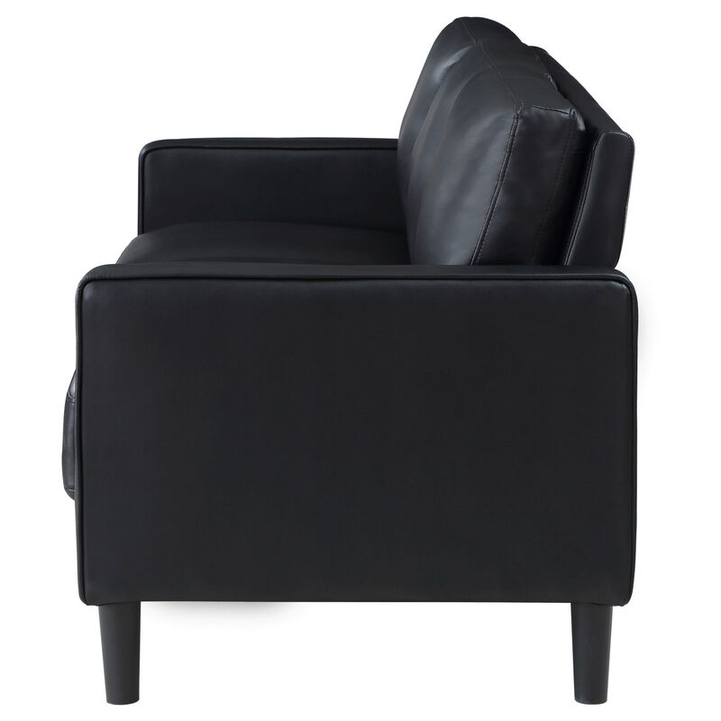 Rumi Sofa, Black Faux Leather, Modern Track Arms, Foam Cushions