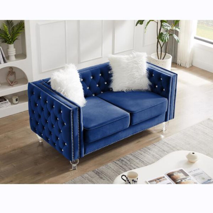 Velvet Sofa, Crystal Buckle Upholstery with Crystal Feet & Plush Pillows For Living Room
