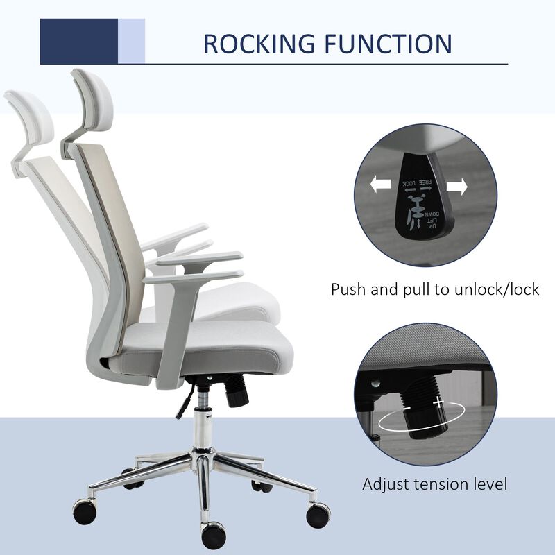 Grey High Back Office Chair, Swivel Task Chair with Lumbar Back Support, Breathable Mesh, and Adjustable Height, Headrest