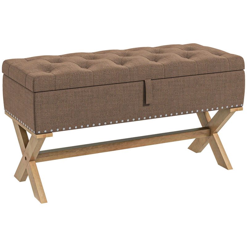 HOMCOM 35.75" End of Bed Bench with Button Tufted Design, Upholstered Ottoman Bench with Wood Legs for Bedroom, Brown