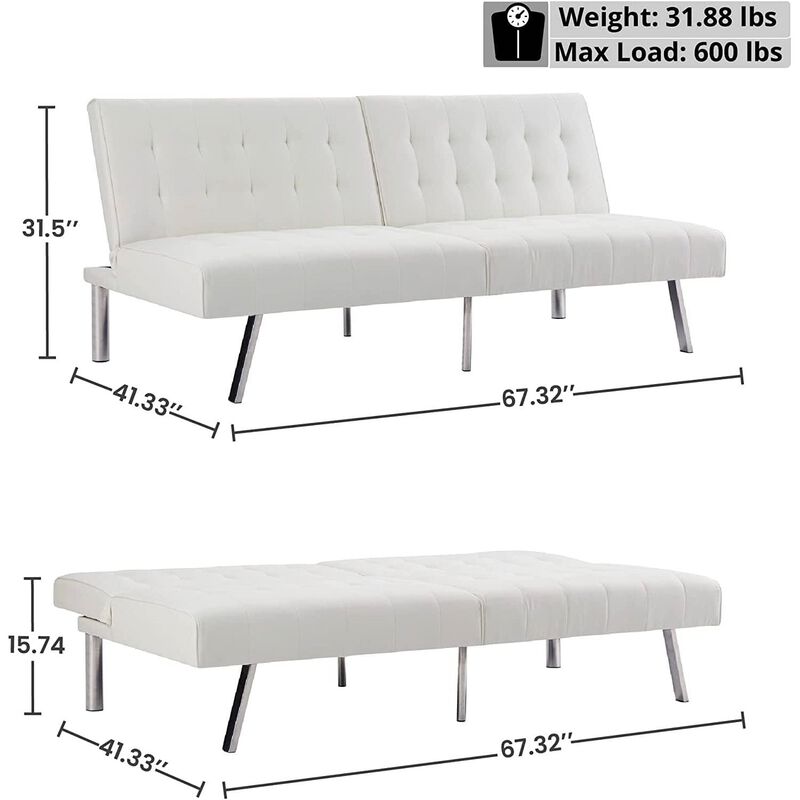 Hivvago Mid Century Modern Split Back Futon Sleep Sofa Bed in White Faux Leather