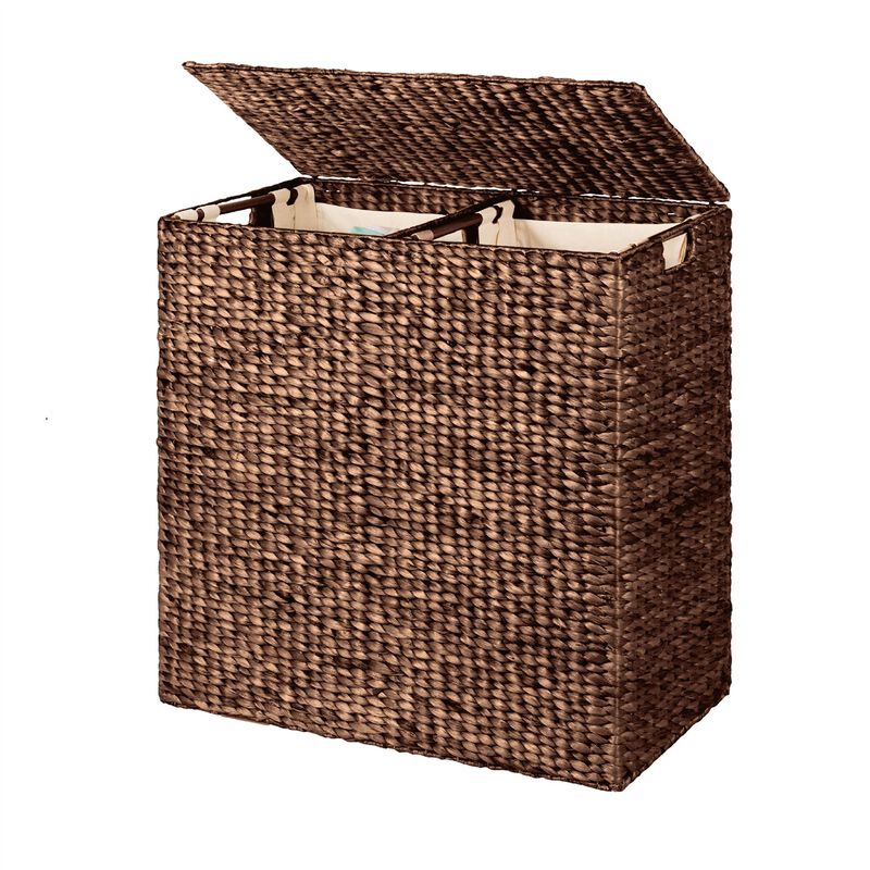 Hivvago Espresso 2-Bin Handwoven Hyacinth Linen Liner Laundry Hamper w/ Handles