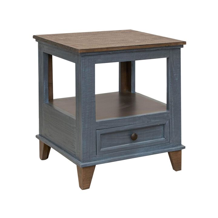 Benjara Rozy 26 Inch Side End Table, Pine Wood, 1 Drawer, Open Shelf, Brown, Blue and Bronze