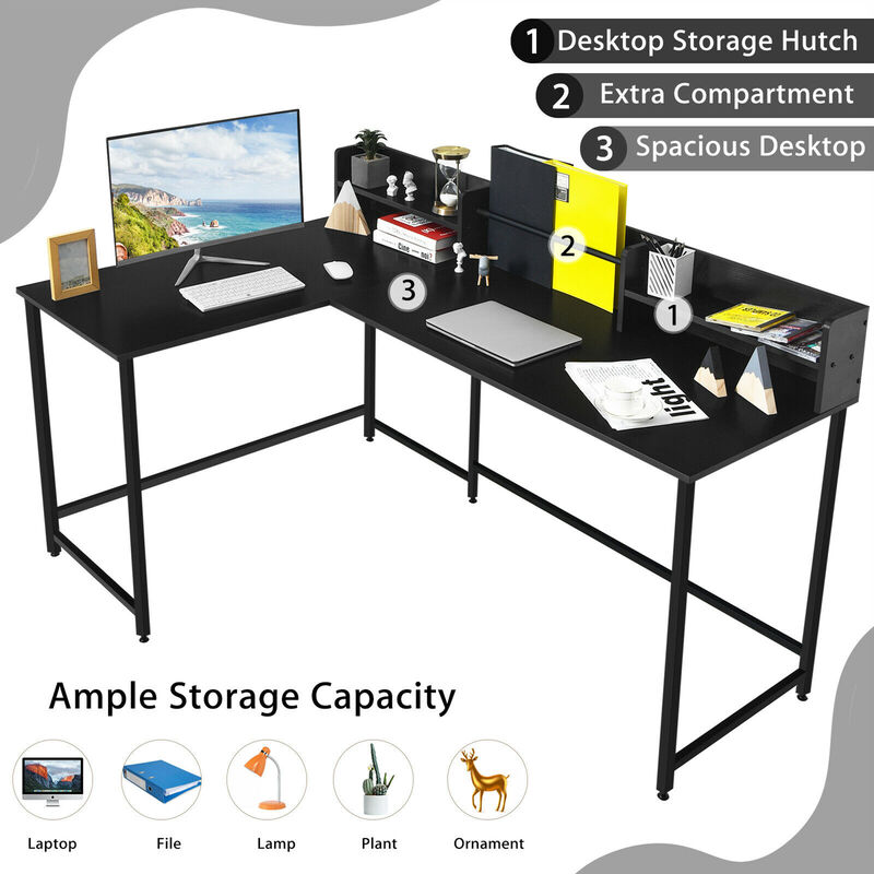 Costway 65.5'' L-shaped Computer Desk Home Office Corner Table w/Bookshelf Rustic