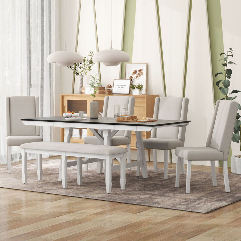 6Piece Classic Dining Table Set, Rectangular Extendable Dining Table with two 12"W Removable Leaves and 4 Upholstered Chairs 1 Bench for Dining Room (White+Black)