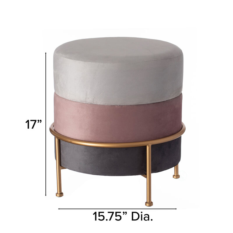 Round Velvet Ottoman Stool 16" Tall Tricolor with Gold Metal Stand