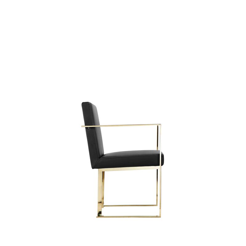 Boly 24 Inch Dining Armchair, Plush Black Faux Leather, Gold Cantilever  - Benzara