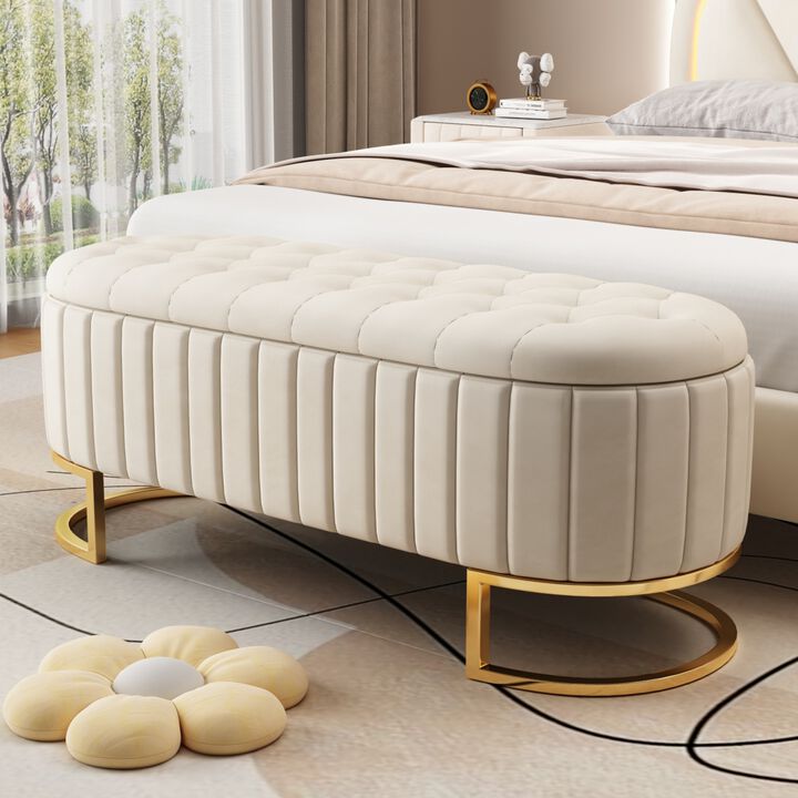 Elegant Upholstered Velvet Storage Ottoman with Button-Tufted, Storage Bench with Metal Legs for Bedroom, Living Room, Fully Assembled Except Legs, Beige