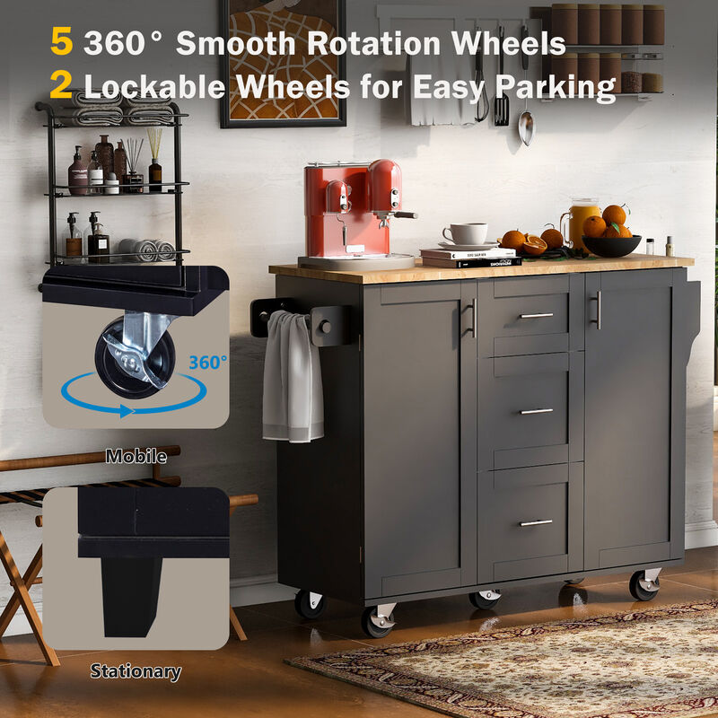 Rolling Kitchen Island with Storage, Kitchen Cart with Rubber Wood Top, 3 Drawer, 2 Slide-Out Shelf and Internal Storage Rack, Kitchen Island on Wheels with Spice Rack & Tower Rack Grey Blue