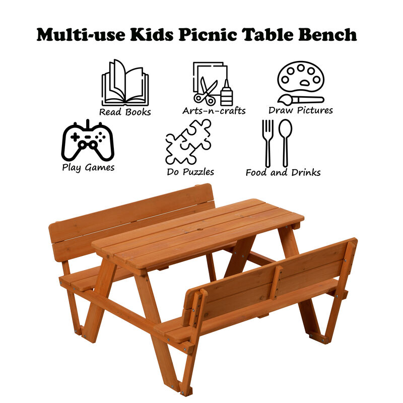 Wooden Kids Picnic Table Bench with Backrest, Outdoor Children's Backyard Table, Crafting, Dining, and Playtime Patio Table