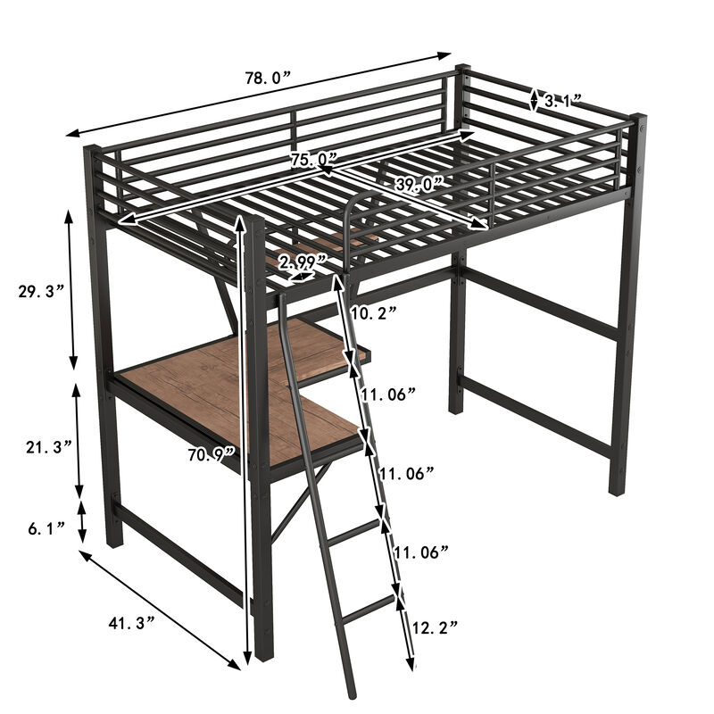 Merax Metal Frame Loft Bed with Desk and Shelf