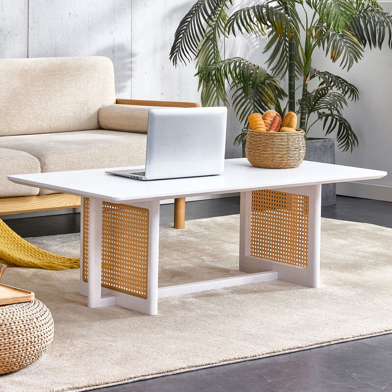 white solid wood and imitation rattan coffee table, rectangular solid wood coffee low table, small living room coffee table