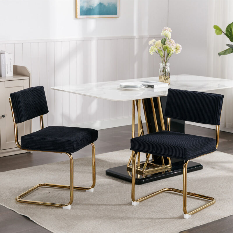 Modern Dining Chairs with Corduroy Fabric, Gold Metal Base, Accent Armless Kitchen Chairs with Channel Tufting, Side Chairs, Set of 2, Black