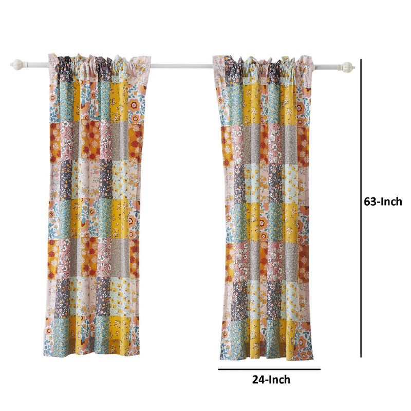 Turin 63 Inch Window Curtains, Brushed Microfiber, Multicolor Patchwork - Benzara