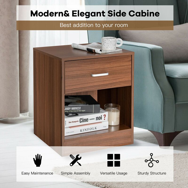Set of 2 Modern Nightstand with Storage Drawer and Cabinet