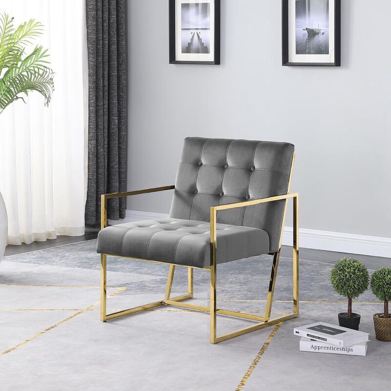 Beethoven 31.5" Velvet Accent Chair in Gray/Gold Plated