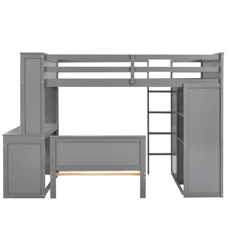 Twin size Loft Bed with a Stand-alone bed, Shelves, Desk, and Wardrobe-White