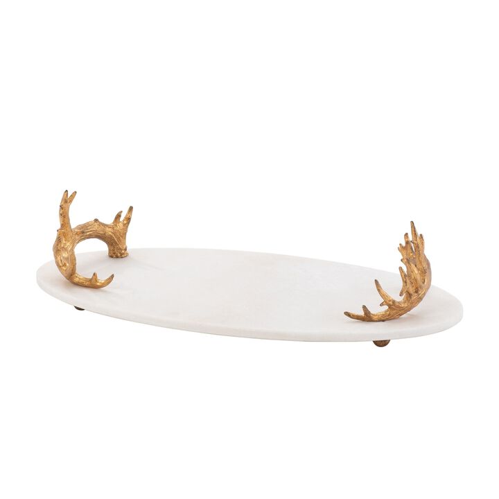 White Marble Platter with Reindeer Antler Handles-Gold