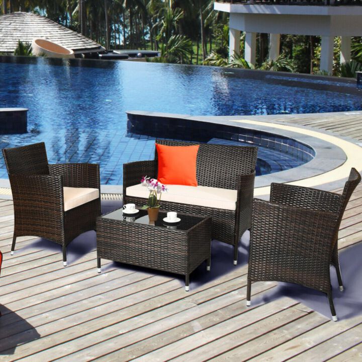 Hivvago 4 Pieces Comfortable Outdoor Rattan Sofa Set with Glass Coffee Table