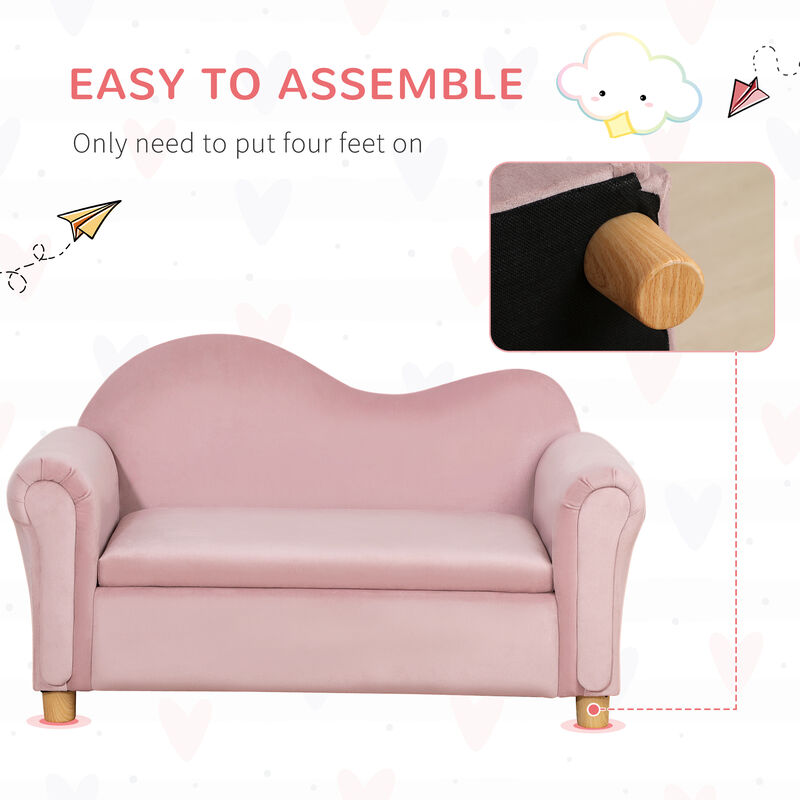 Foam and Velvet Kids Sofa with Inner Storage, Kids Couch with Soft Arms, Pink