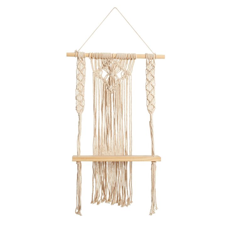 Nearly Natural 24-in Boho Chic Wood Macrame Single Shelf Woven Diamond Wall Art D�cor