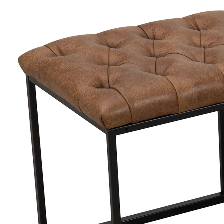 Leatherette Upholstered Bench with Button Tufted Cushioned Seat and Metal Base, Brown - Benzara